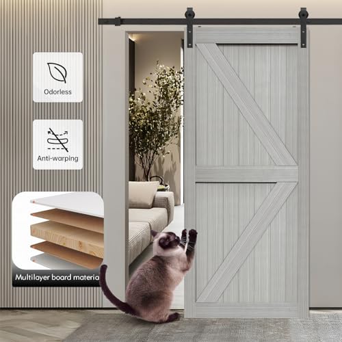S&Z TOPHAND® 20 in x 84 in Elephant Gray British Brace Knotty Barn Door with 4FT Sliding Hardware Kit G149446