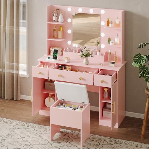 White Vanity Desk with Mirror and Lights, Charging Station and Stool Z6519