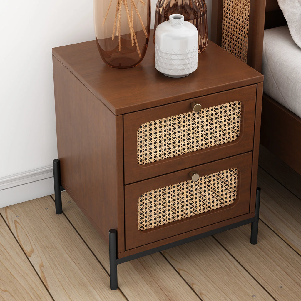 CoSoTower Rattan Wood 2-Drawer Side Table Nightstand, Walnut R303
