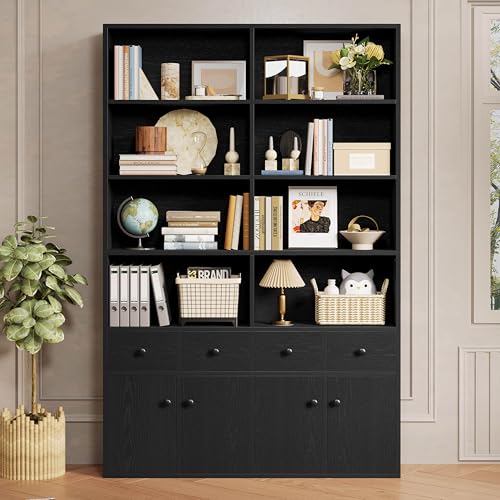 IRONCK 78.7" Bookcase with 4 Drawers and 4 Doors, 6 Tier, Vintage Black Z686086
