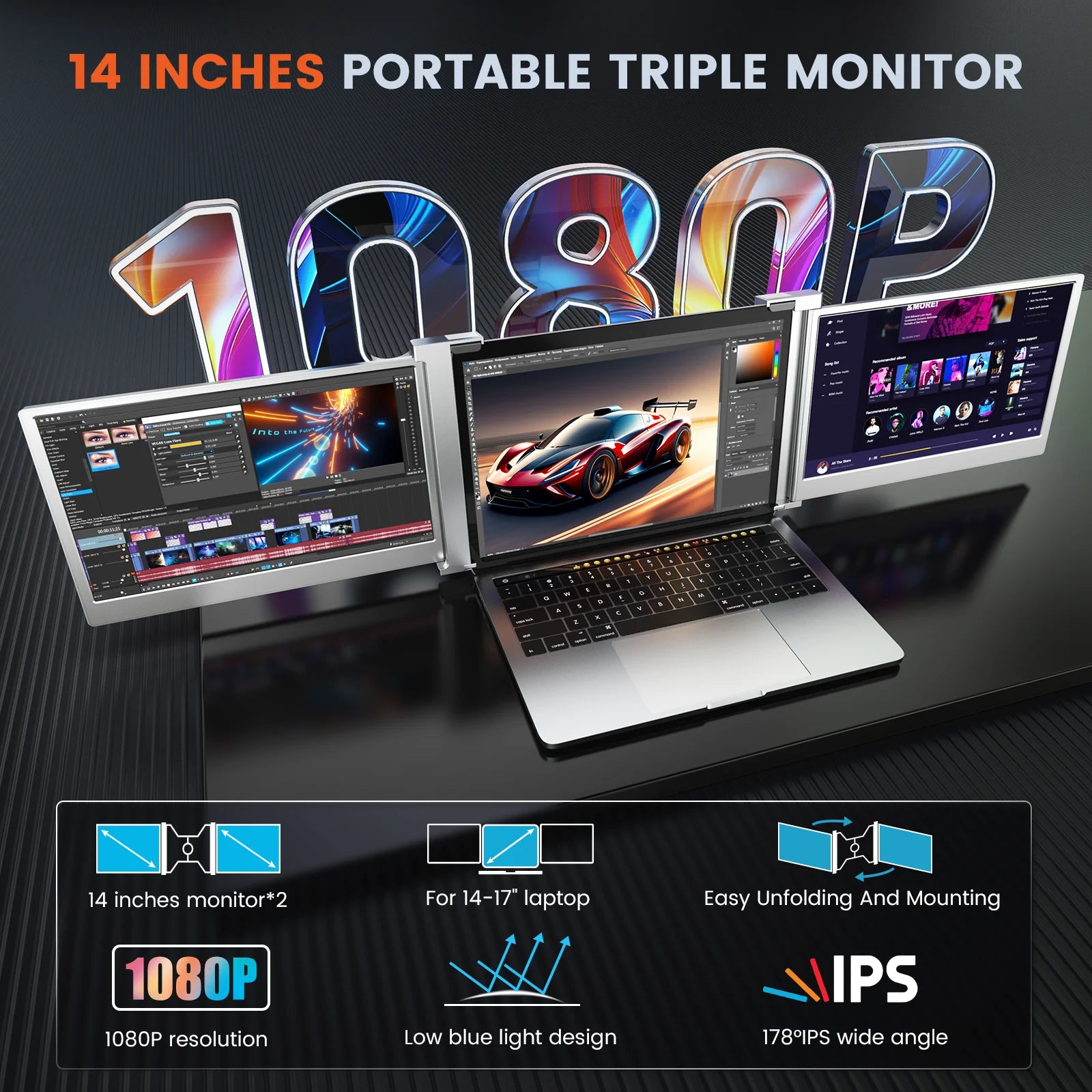 LIMINK Portable Triple Monitor Extender 14" FHD 1080P for 15-17" Laptops R756