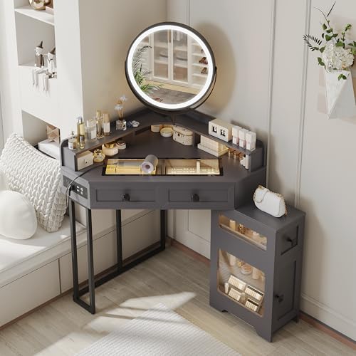 White Corner Vanity Desk with Mirror and Lights I97733