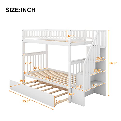 Twin-Over-Twin Bunk Bed with Trundle and Storage Staircase, Solid Wood, White I987686