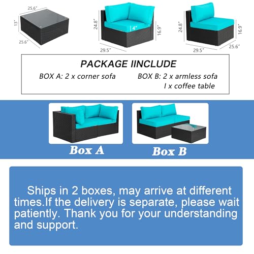 Shintenchi 5-Piece Outdoor Patio Sectional Sofa with Cushions and Glass Coffee Table, Aegean Blue U127322