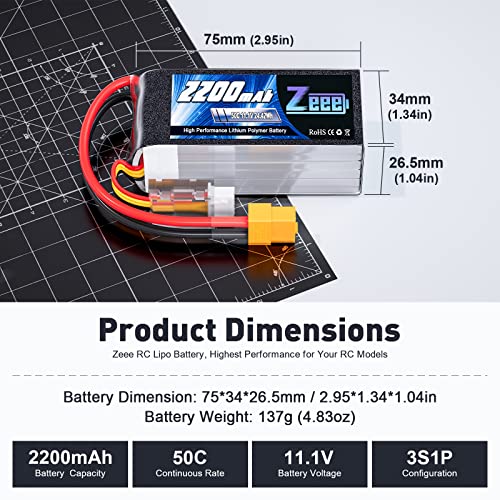 Zeee 3S Lipo Battery 2200mAh 11.1V 50C Shorty Pack with XT60 Plug for RC Car Boat Drone (2 Pack) S180