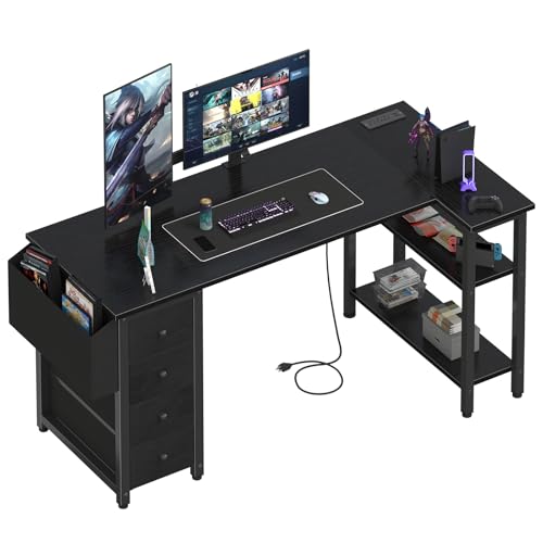 Lufeiya L Shaped Gaming Desk with Drawers & Power Outlet, Black A39519