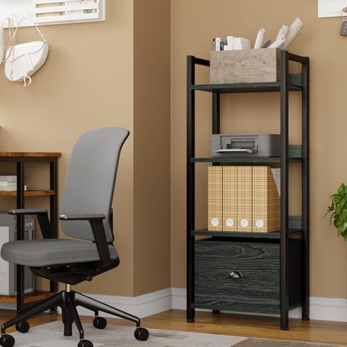 Furologee 5 Tier Bookshelf with Drawer, Industrial Tall Narrow Bookcase, Black T883828