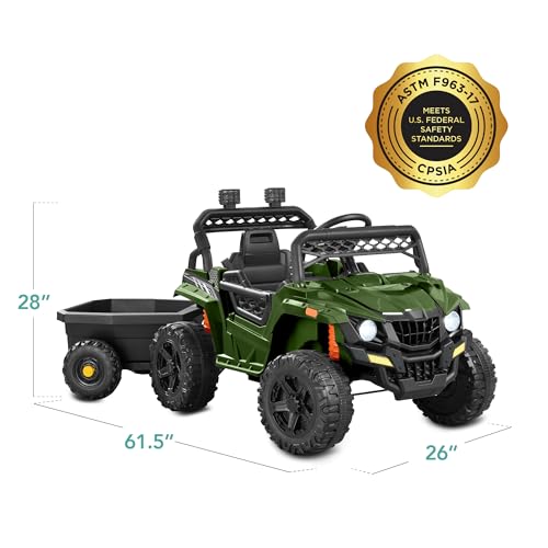 Kids 12V Electric Ride On UTV Car with Trailer, Parent Control, LED Lights, Bluetooth - Black C2735