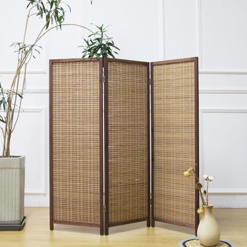 3 Panel Bamboo Room Divider, Double Sided, Brown, 47.2"H E393