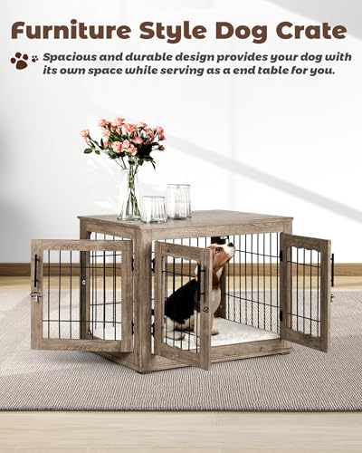 Wooden Dog Crate Furniture with Bed Mat, 32 Inch, 3 Doors, Greige X4054