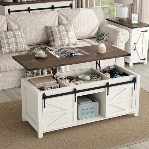 47.3" Lift Top Coffee Table with Storage and Barn Doors, White and Grey I616078