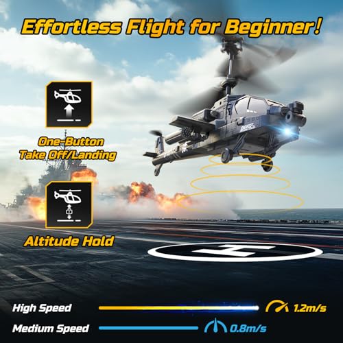 DEERC Apache RC Helicopter for Kids & Adults, Military Toy with LED Lights P49305