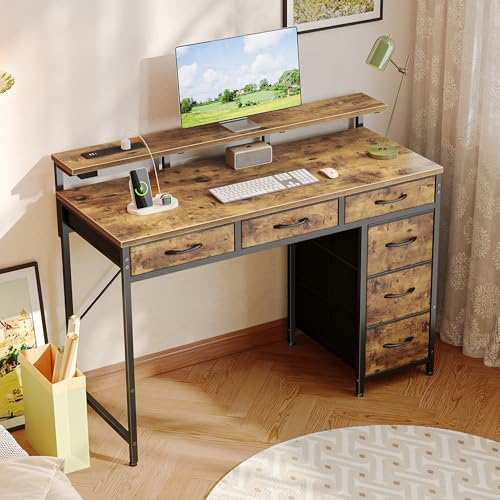 Huuger Gaming Desk with 6 Drawers, LED Lights, 47 Inch, Black N423283
