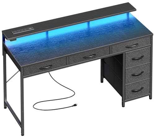 Huuger Gaming Desk with 6 Drawers, LED Lights, 47 Inch, Black N423283