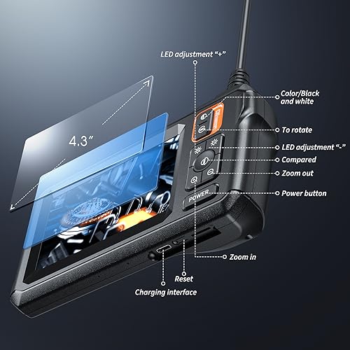 Endoscope Camera with Light, 4.3" IPS Screen, 1920P HD, 16.4FT Semi-Rigid Cord, IP67 Waterproof, Orange G627561