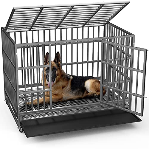 LEMBERI 48/38 inch Heavy Duty Dog Crate with Lockable Wheels, Double Door, Removable Tray Z823935