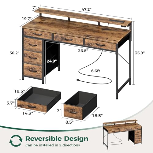 Huuger Gaming Desk with 6 Drawers, LED Lights, 47 Inch, Black N423283