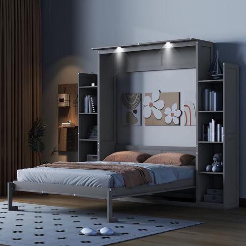 Merax Queen Size Wood Murphy Bed with LED Lights and Shelves, Grey K26344