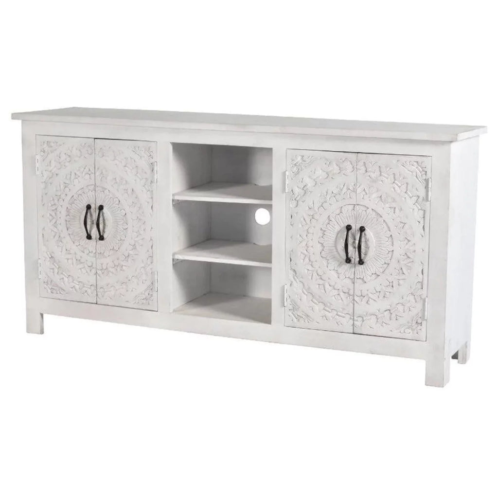 Carved Whitewash Farmhouse Cabinet V5113
