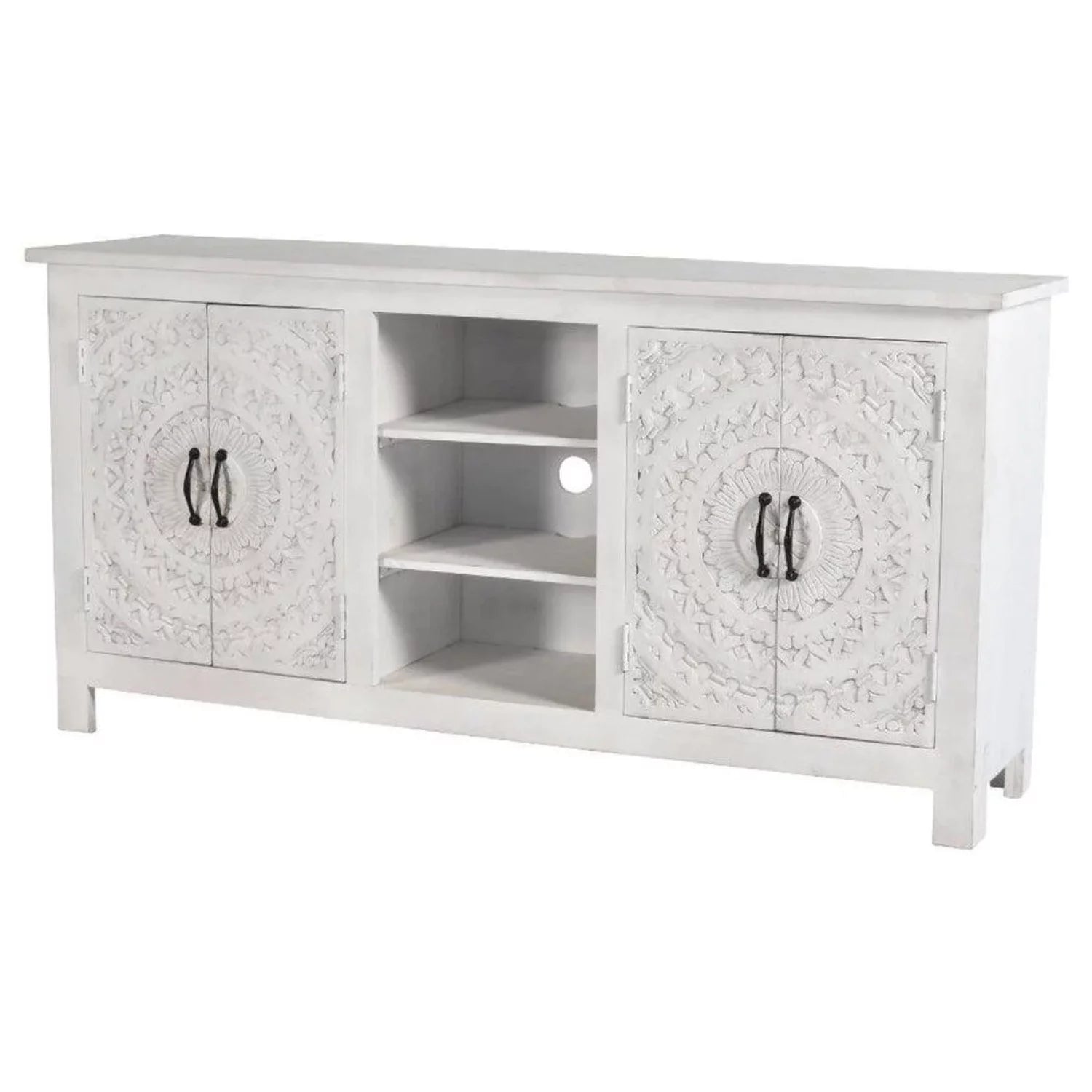 Carved Whitewash Farmhouse Cabinet V5113