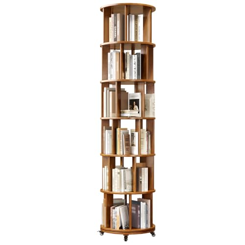 6 Tier Rotating Bookshelf Tower with Swivel Wheels, Solid Wood, Walnut B588
