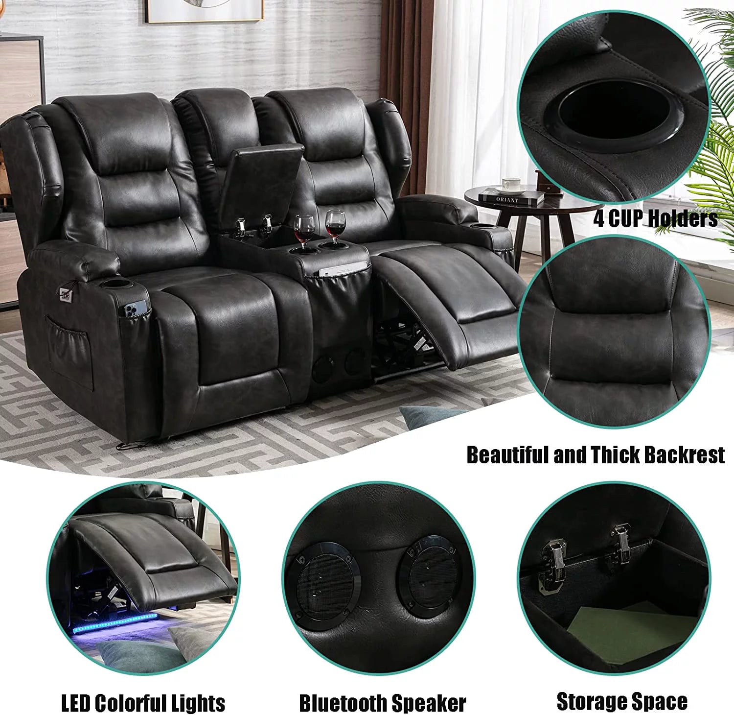 IPKIG Electric Home Theater Seating Power Recline Chair Loveseat RV Sofa with Console, 67" Double Recliner 2-Seater V603082