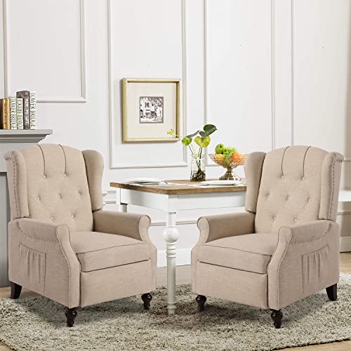 Wingback Recliner Chair with Massage and Heat, Tufted Fabric, Wooden Legs D91574