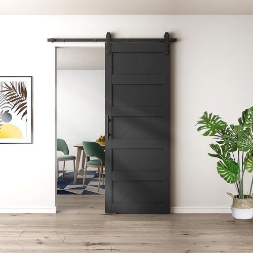 JUBEST 36" x 84" Barn Door, Slding Barn Door Kit Wave Shape Barn Door Panel with Hardware Kit Include, Easy Installation, Solid Wood, MDF & PVC Covered, Black