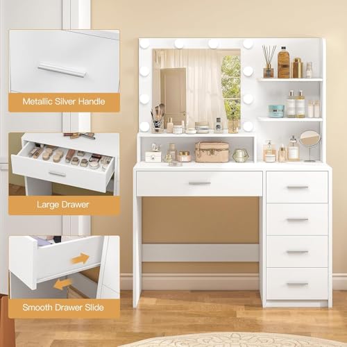 Quimoo Makeup Vanity Desk with Mirror & Lights, 5 Drawers, White Y954
