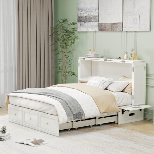 Solid Wood Murphy Bed Cabinet Full with USB Charging Ports and Storage Drawer, Ebony D190415