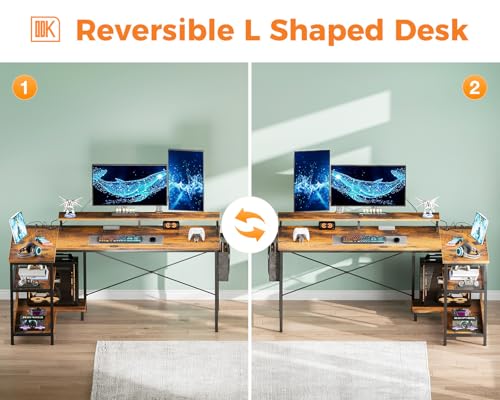ODK 48 Inch L Shaped Gaming Desk with USB Charging Ports and LED Lights S136
