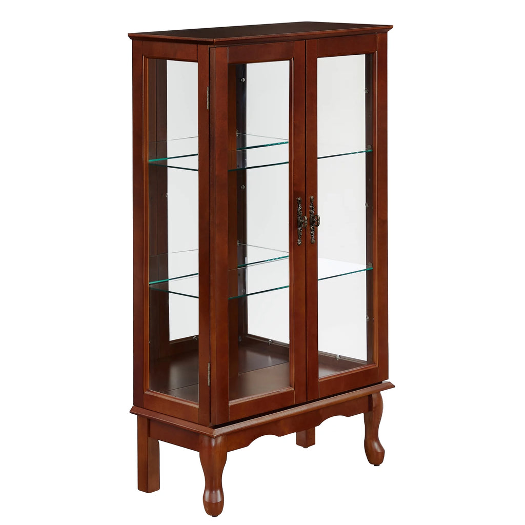 Ufurpie 3 Tier Curio Cabinet with Mirrored Back Panel and Tempered Glass Doors, Cherry M84574