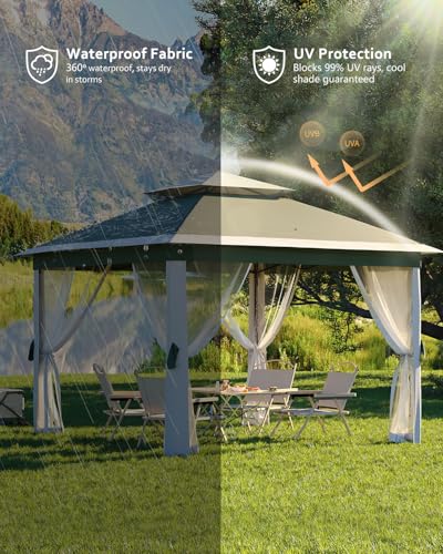 Pop Up Gazebo Tent with Mosquito Netting, Water & UV Resistant - Khaki J83860