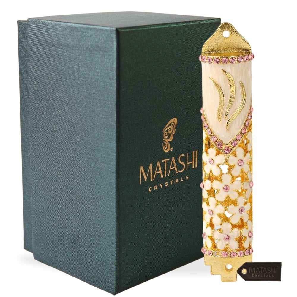 4.25" Hand Painted Enamel Mezuzah Embellished with a Floral Design  Gold Accents and fine Purple Crystals by Matashi