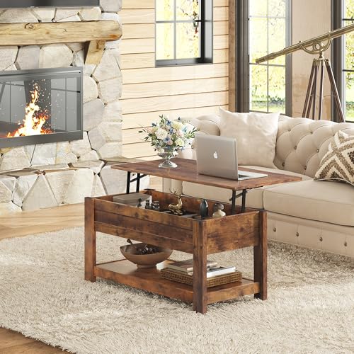 WLIVE Lift Top Coffee Table with Storage Shelf, Rustic Brown Z11463