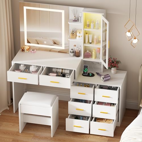 ANWBROAD 51.8" Makeup Vanity Desk with Mirror and Lights, White, 8 Drawers A92651