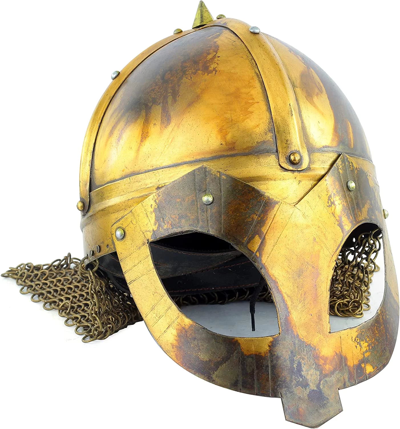 "Panda Style Steel Silver Helmet Chain Mail | Medieval Warrior Wearable   Armor Helmet | Roman Trojan Warrior Knight Spartan LARP Costume | Viking   Norse Spectacle Helmet (Antique Brass)."