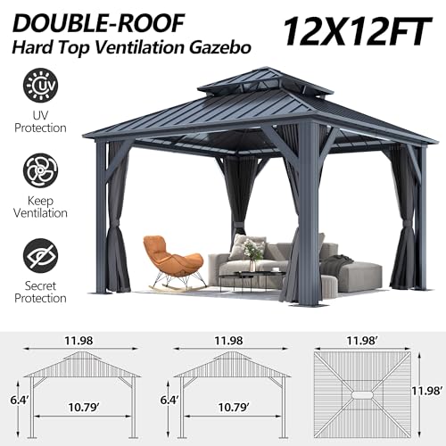 12'x12' Hardtop Gazebo with Galvanized Steel Roof, Aluminum Frame, Curtains & Netting X81832