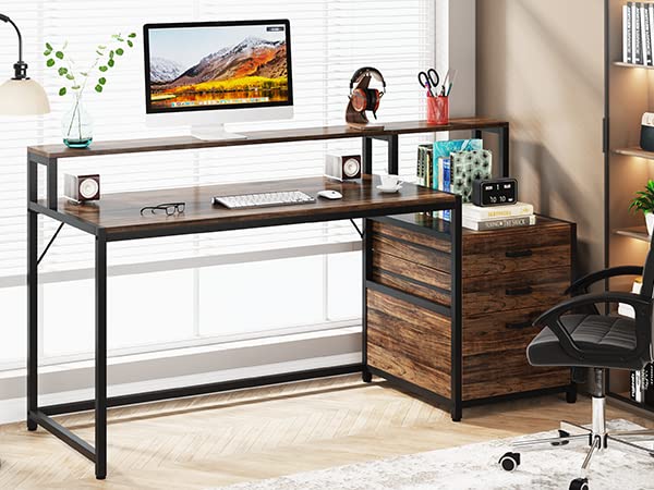 Tribesigns 63 Inch Computer Desk with File Drawer Cabinet, Monitor Stand R256671