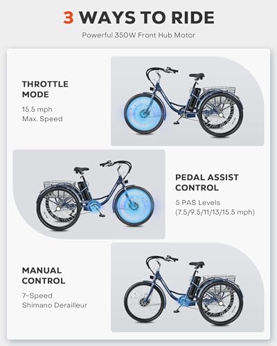 Viribus Electric Tricycle for Adults, 350W, 7 Speed, Removable Battery O6671