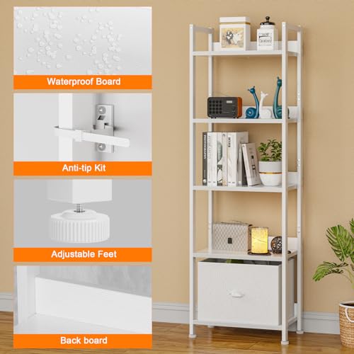 Furologee 5 Tier Bookshelf with Drawer, Industrial Tall Narrow Bookcase, Black T883828