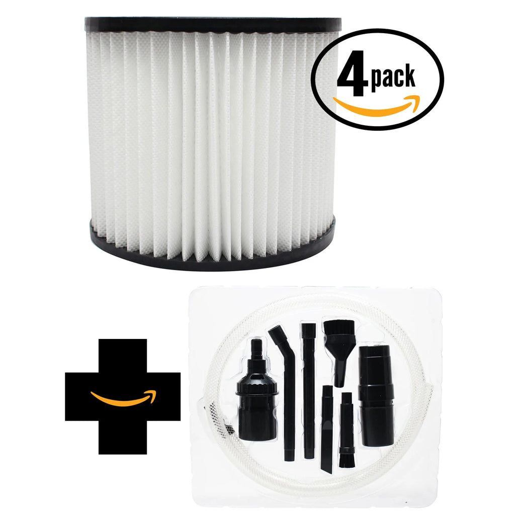 4-Pack Replacement Shop-Vac Lowe's Wet/Dry Vac H87S550A Vacuum Cartridge Filter with 7-Piece Micro Vacuum Attachment Kit - Compatible Shop-Vac 90398 Cartridge Filter