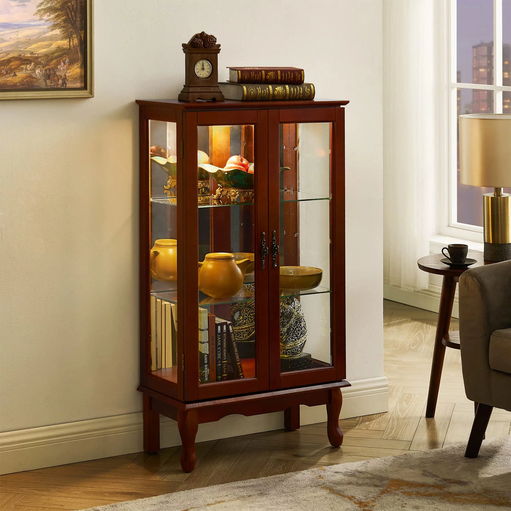 Ufurpie 3 Tier Curio Cabinet with Mirrored Back Panel and Tempered Glass Doors, Cherry M84574