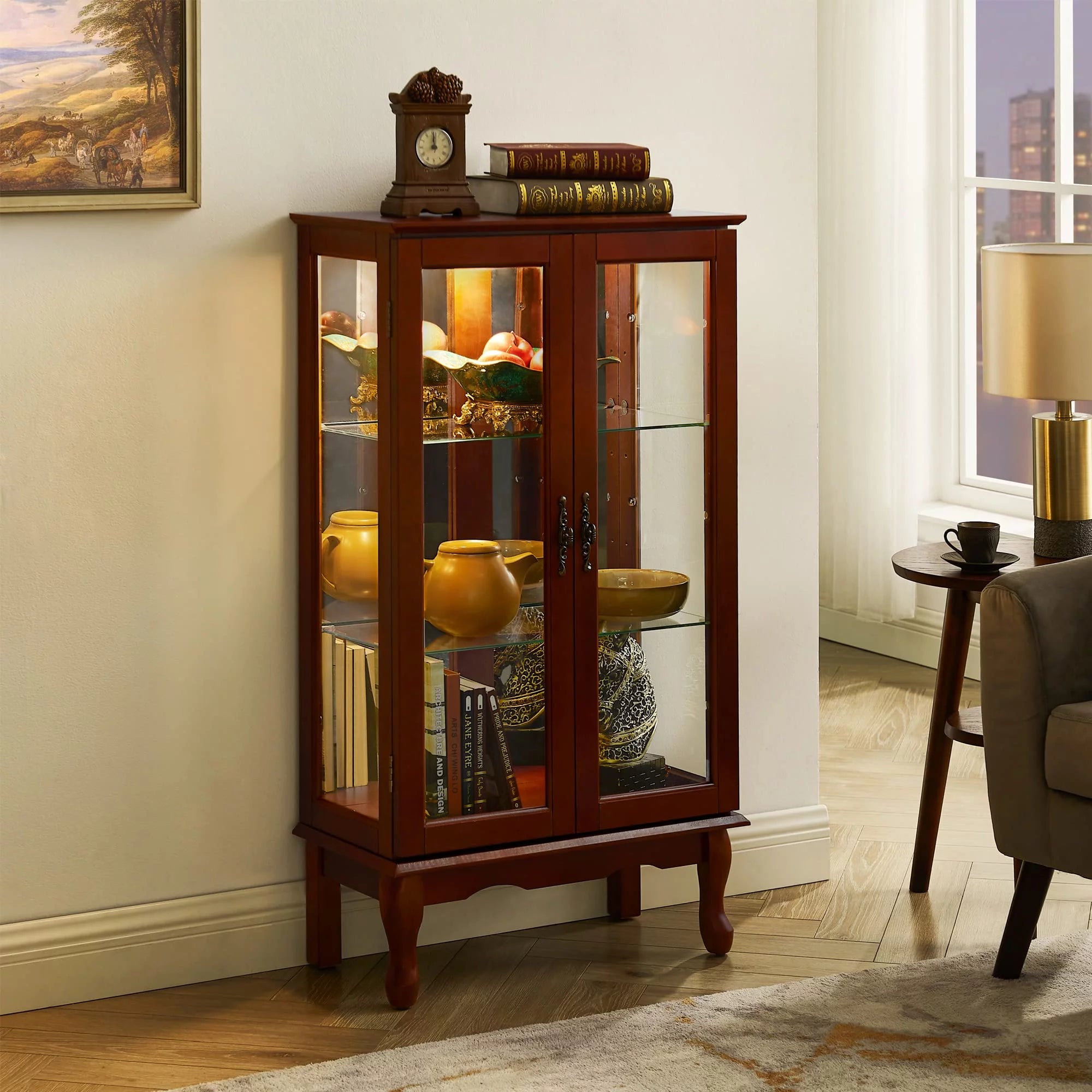 Ufurpie 3 Tier Curio Cabinet with Mirrored Back Panel and Tempered Glass Doors, Cherry M84574