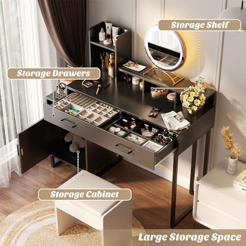White Vanity Desk with Power Outlet and Storage Y378