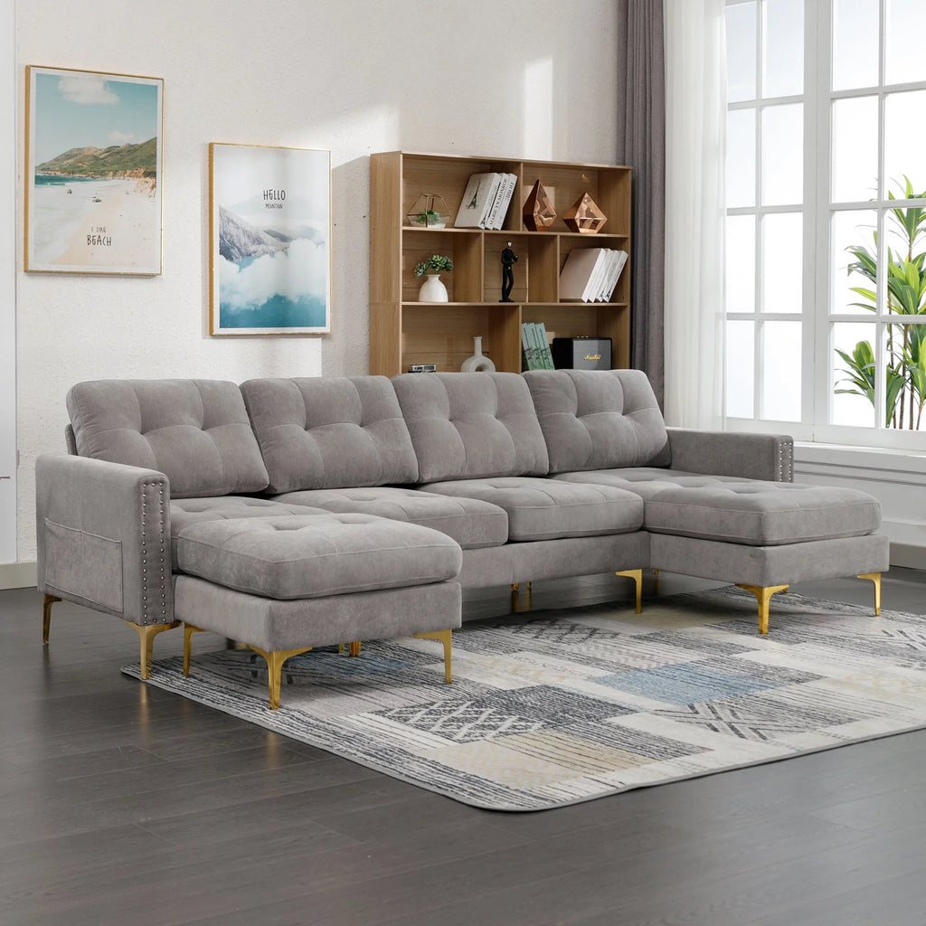Soges U-Shaped Sectional Sofa with Ottoman, Convertible Couch for Living Room, 5 Seater Sofa, Gray, 110"x54"