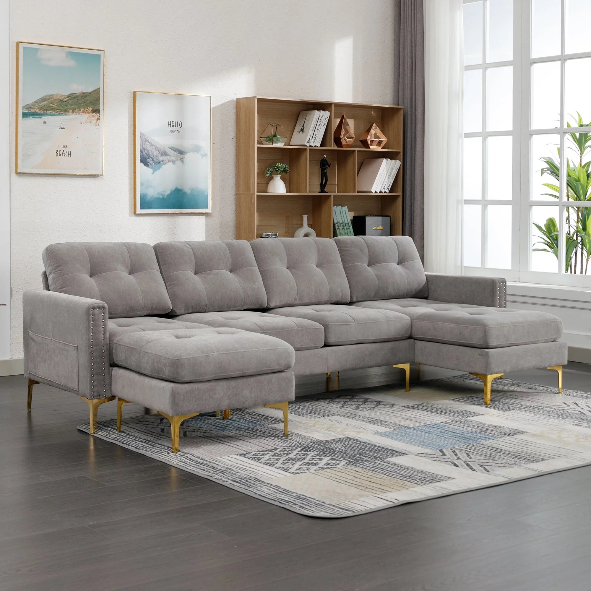Soges U-Shaped Sectional Sofa with Ottoman, Convertible Couch for Living Room, 5 Seater Sofa, Gray, 110"x54"