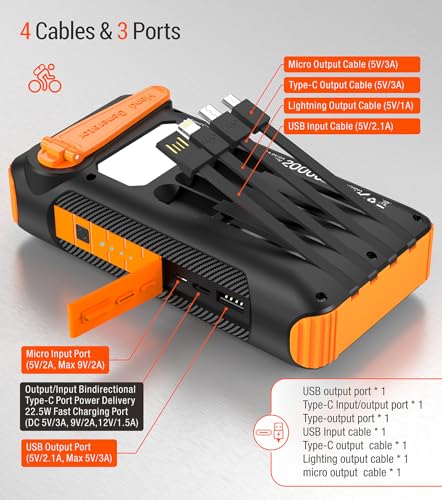 Solar Power Bank 20000mAh with Hand Crank and 4 Cables, Orange N83109