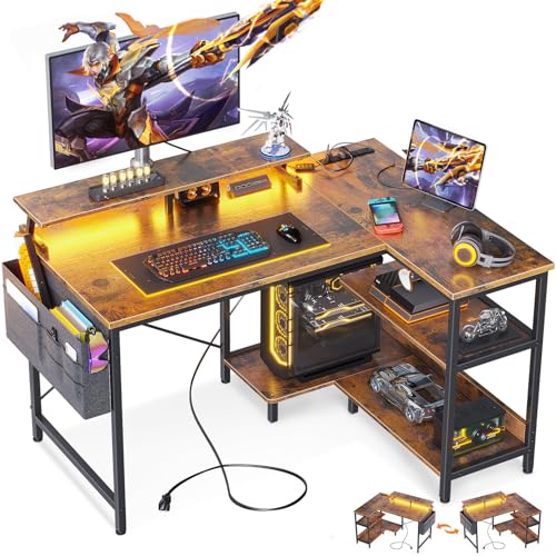 ODK 48 Inch L Shaped Gaming Desk with USB Charging Ports and LED Lights S136