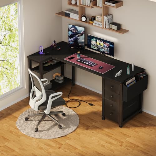 Lufeiya L Shaped Gaming Desk with Drawers & Power Outlet, Black A39519